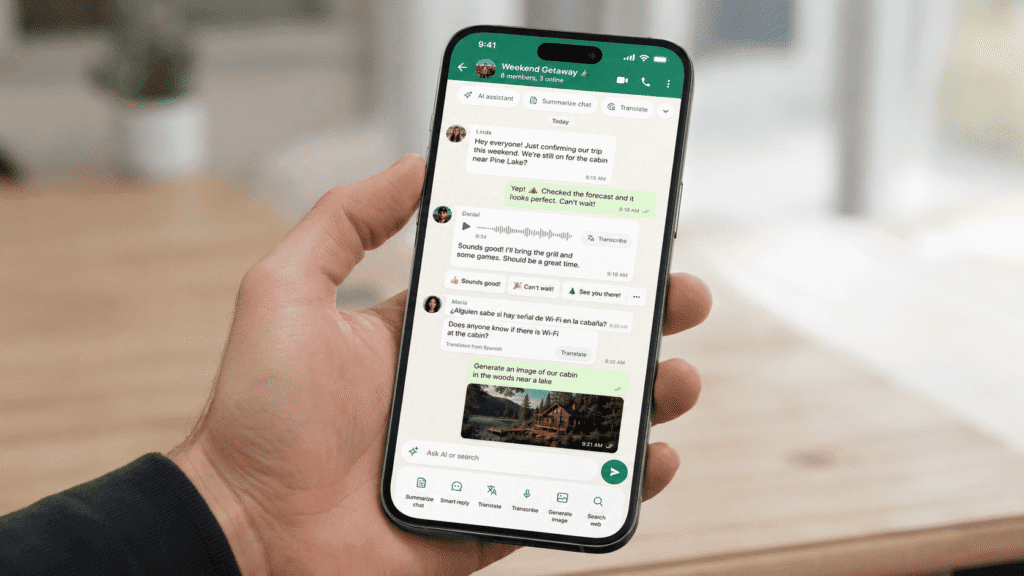 Interface WhatsApp affichant des fonctionnalités d'intelligence artificielle en 2026